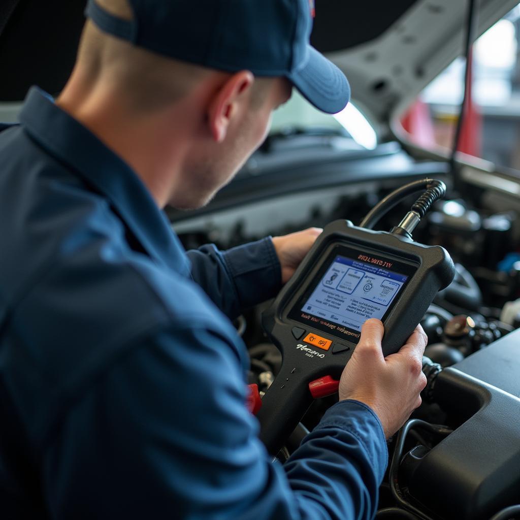 Certified auto technician performing diagnostics