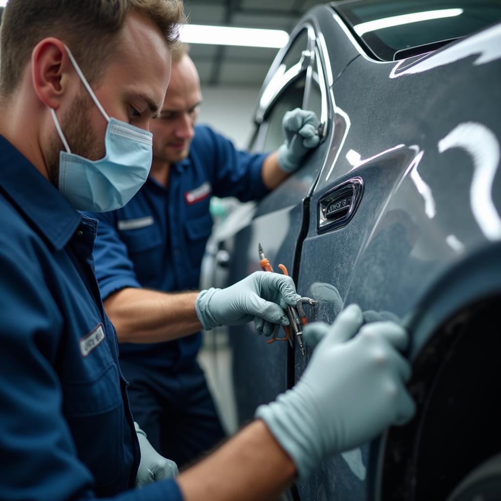 Adams Auto Body technicians working on a car