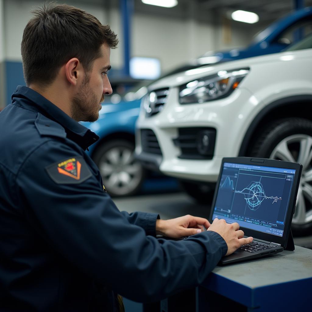 Certified technician performing car diagnostics