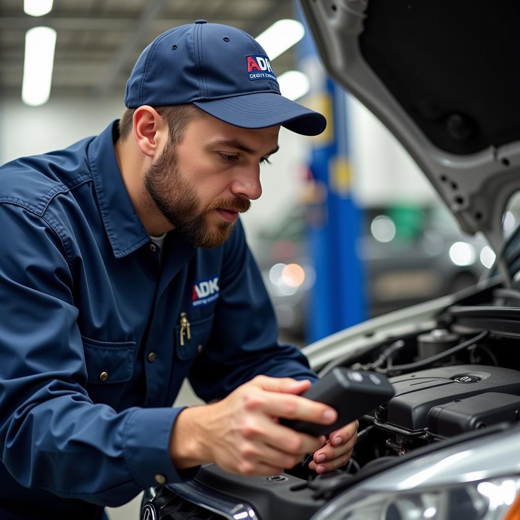 Skilled ADK auto service technician performing diagnostics