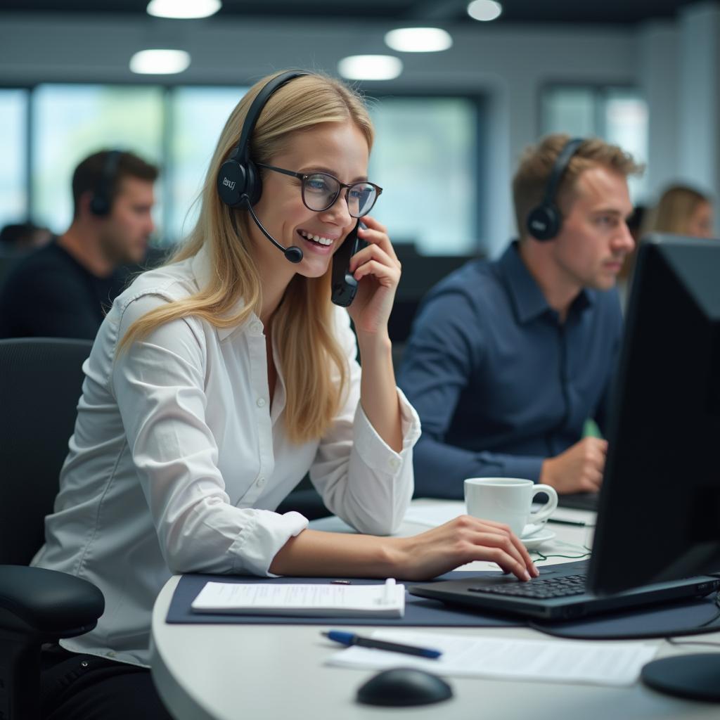 Customer service representative assisting a car owner over the phone