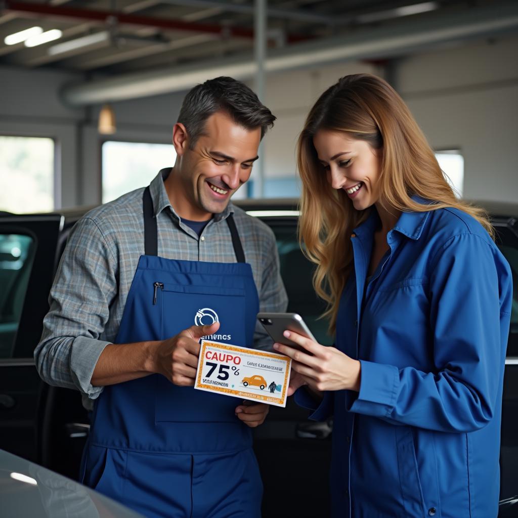 Mechanic showing oil change service coupon to car owner