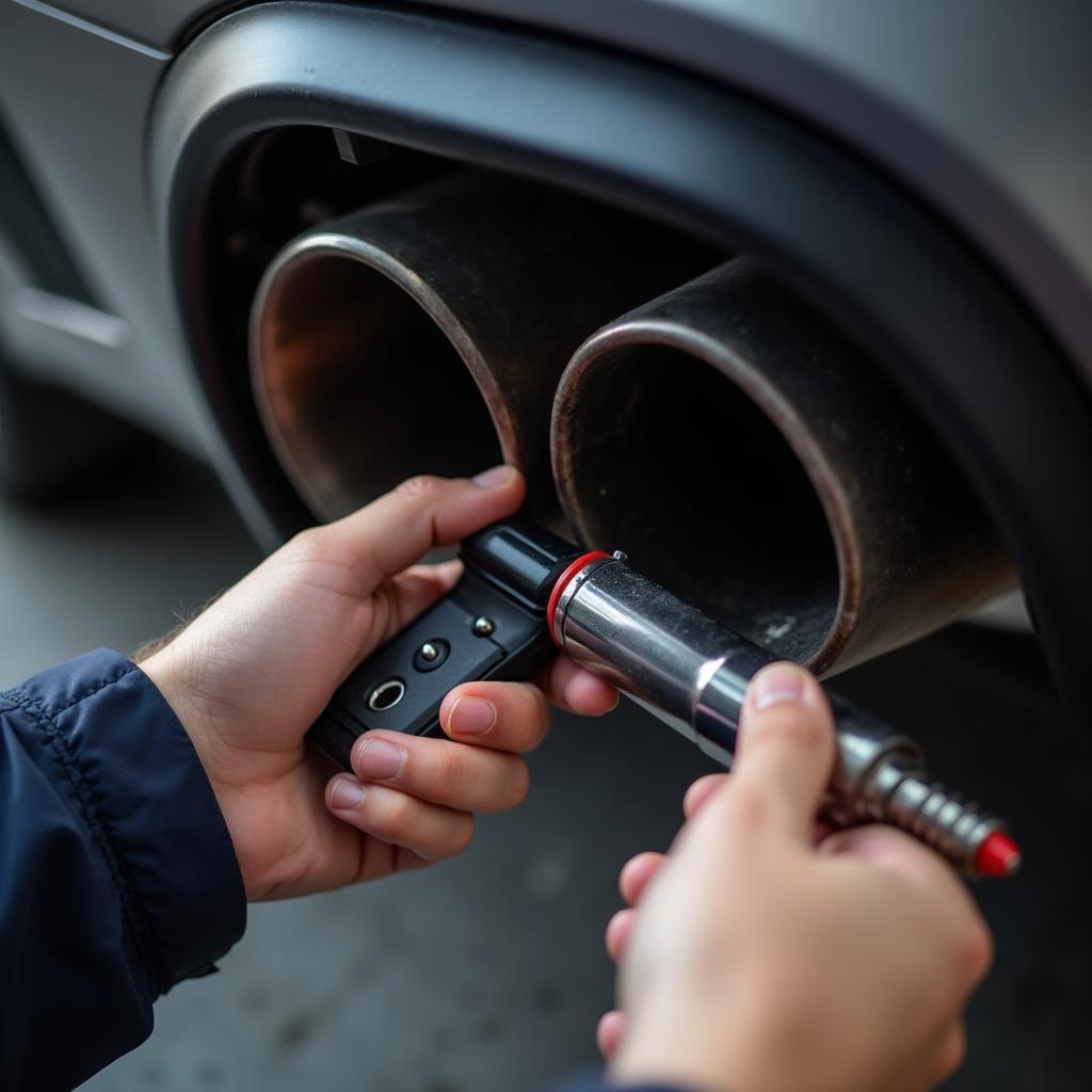 Mechanic inspecting a car muffler with advanced tools