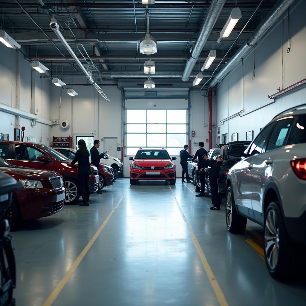 Modern auto service center with diagnostic equipment and customer waiting area