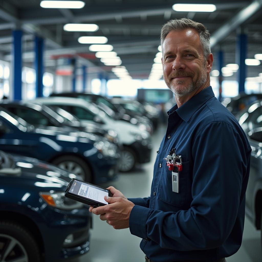 Modern auto service center with skilled technicians working on a vehicle