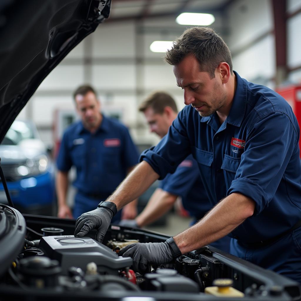 Skilled technicians working on a car engine