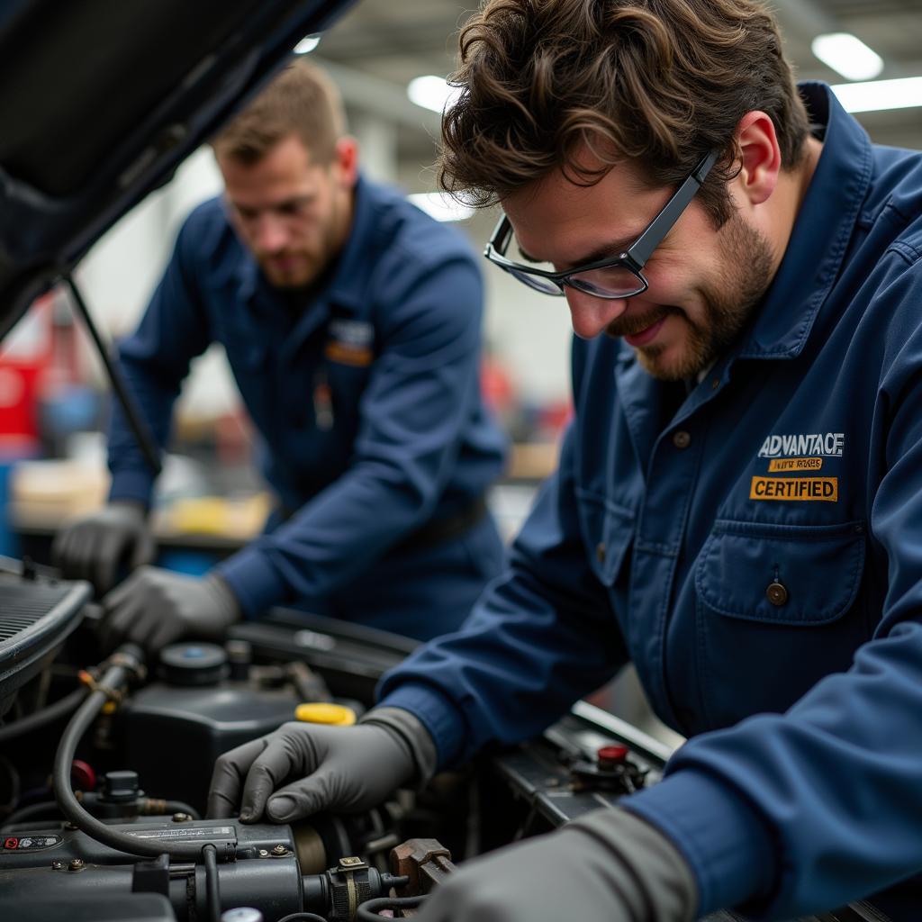 A certified mechanic working on a car at advantage auto services johnstown