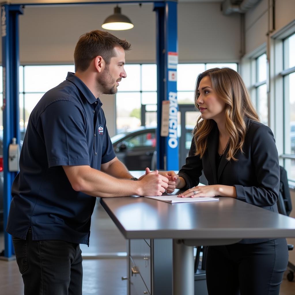 Customer discussing repair options with a service advisor at an affinity auto sales and service center.