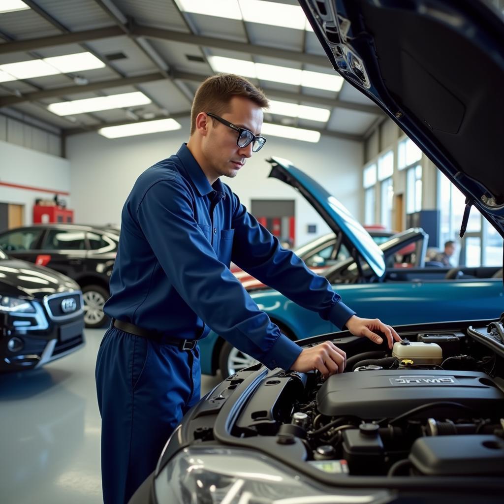 Mechanic working on a car in an affinity auto sales and service center