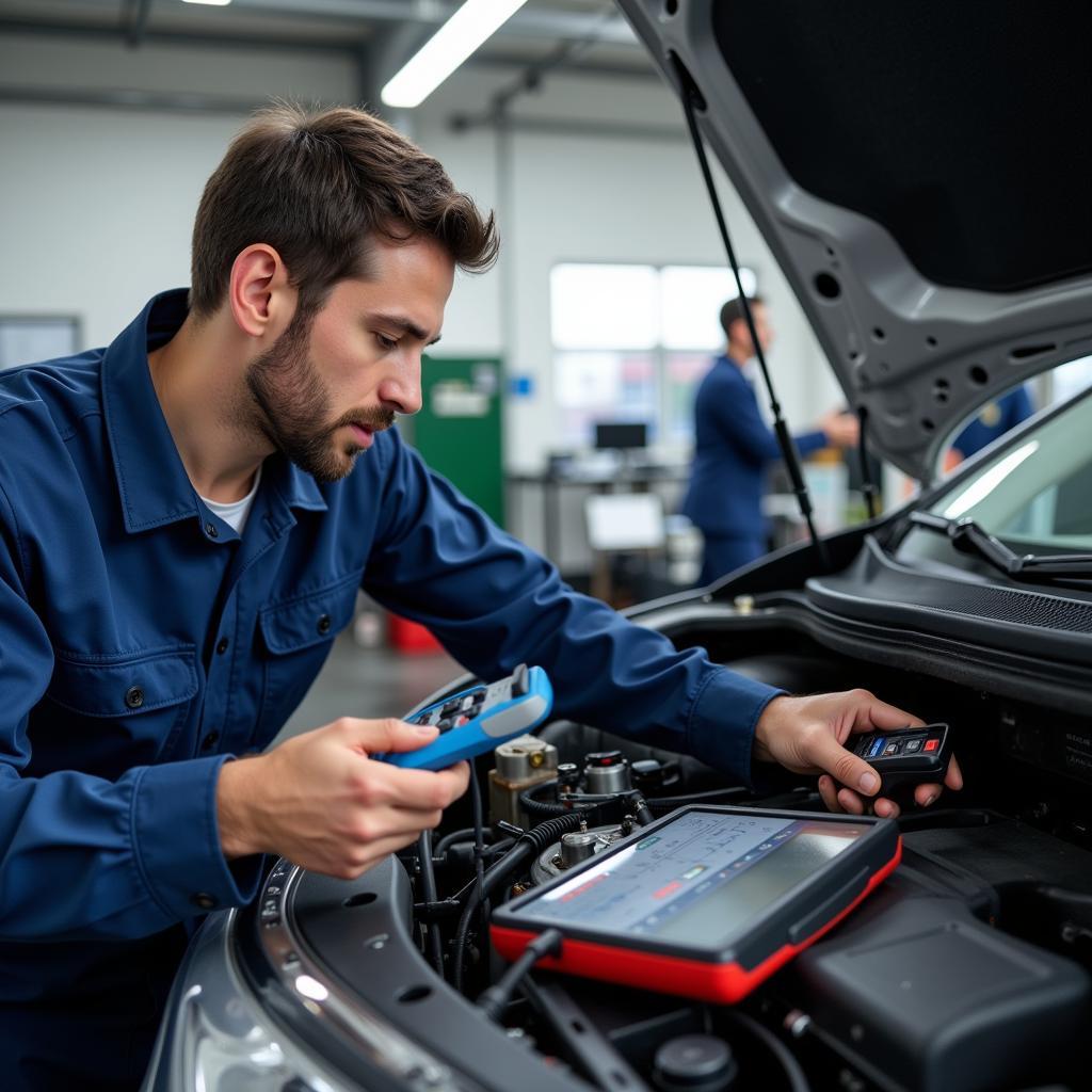 Modern diagnostic equipment being used in an affinity auto sales and service center.