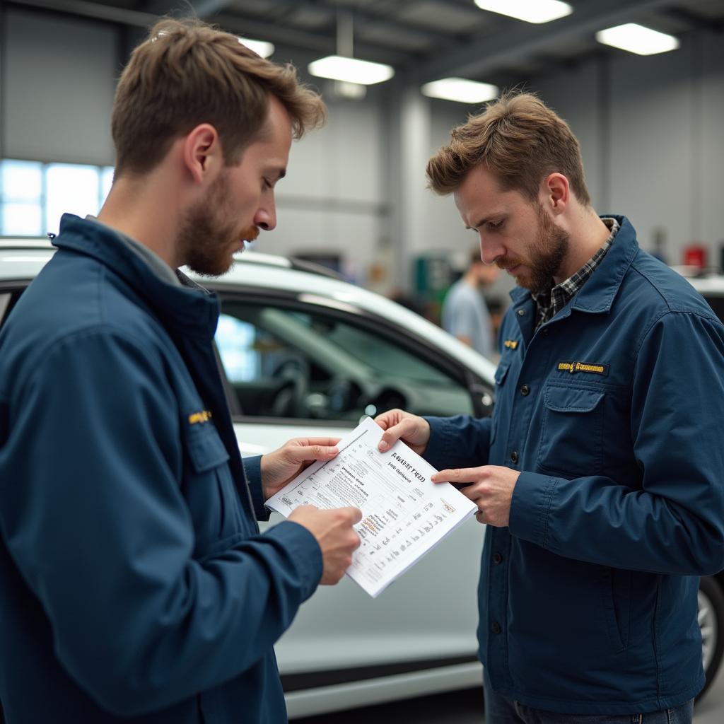 Mechanic explaining repair costs to a car owner