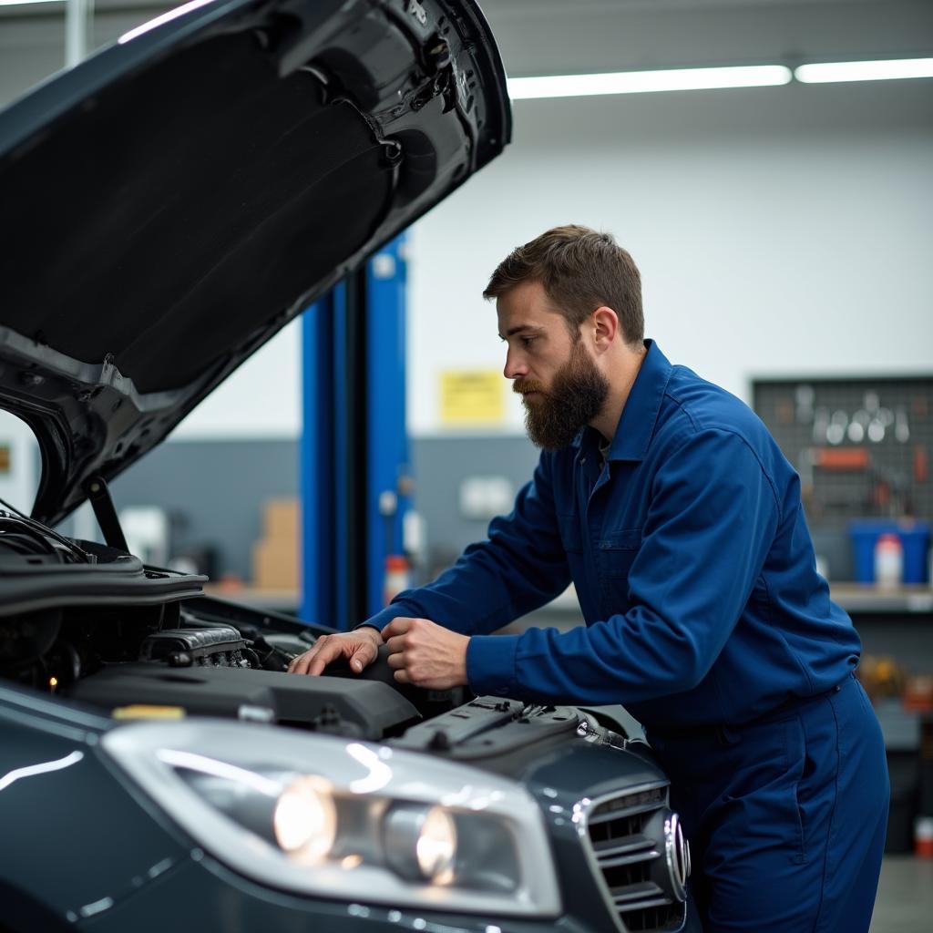 Mechanic inspecting a car in an affordable auto repair shop