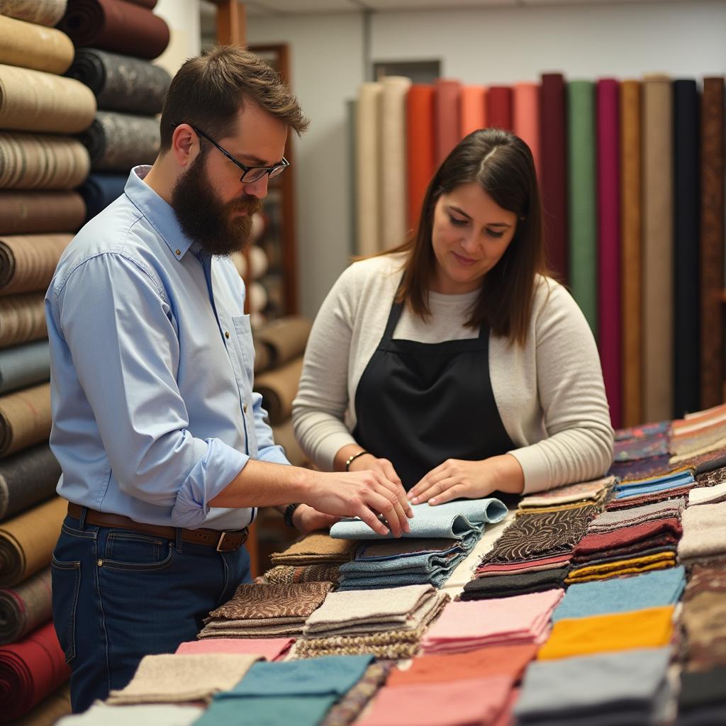 A customer reviewing fabric swatches in an auto upholstery shop