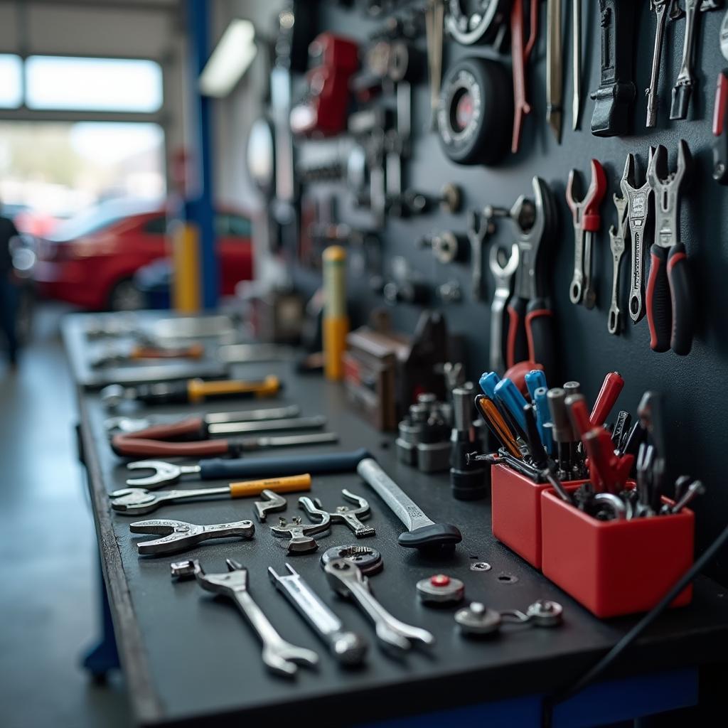 Car maintenance tools laid out on a workbench in a Smithtown auto shop.