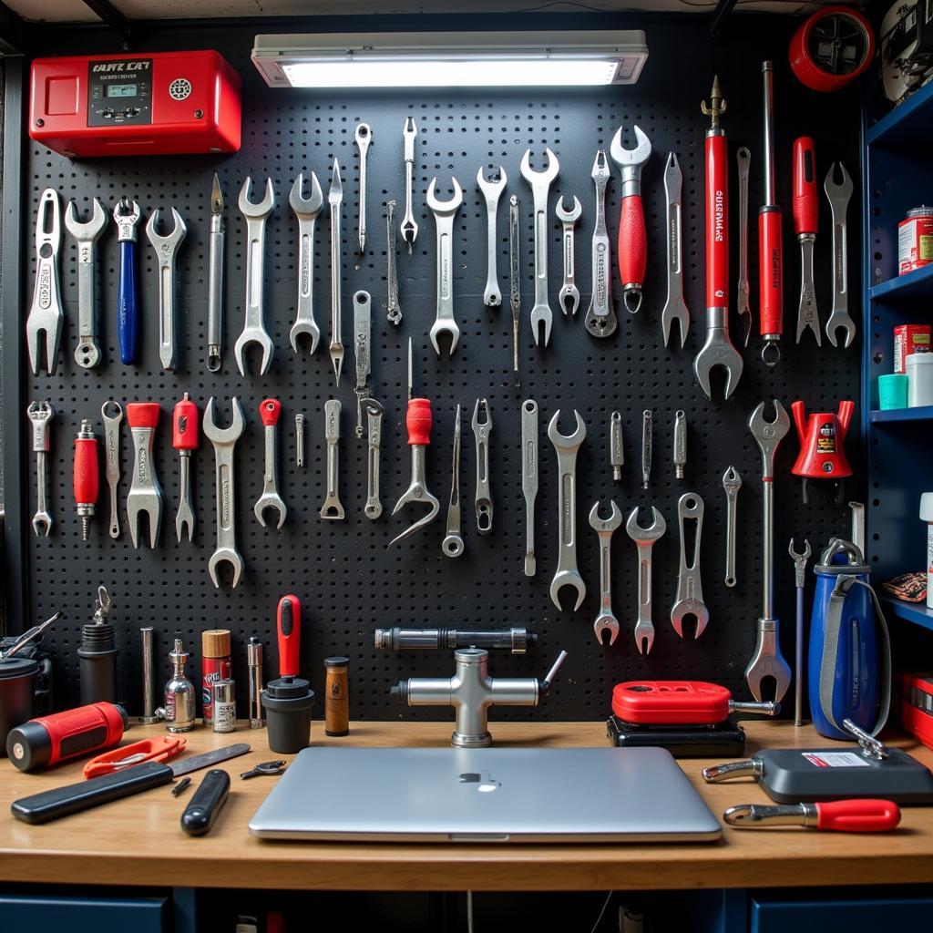 Car repair tools laid out on a workbench