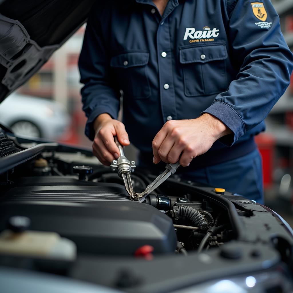 Mechanic inspecting a car engine in a Decatur auto shop