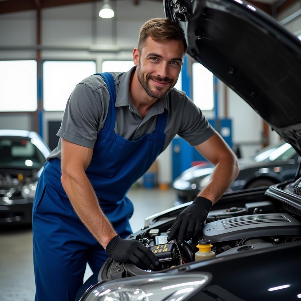 Mechanic inspecting a car engine in a Phoenix auto shop