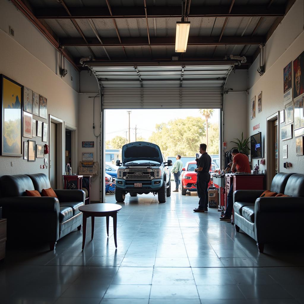 Modern and well-equipped auto repair shop with AGT Auto Service branding, showcasing a welcoming waiting area and a clean, organized workspace.