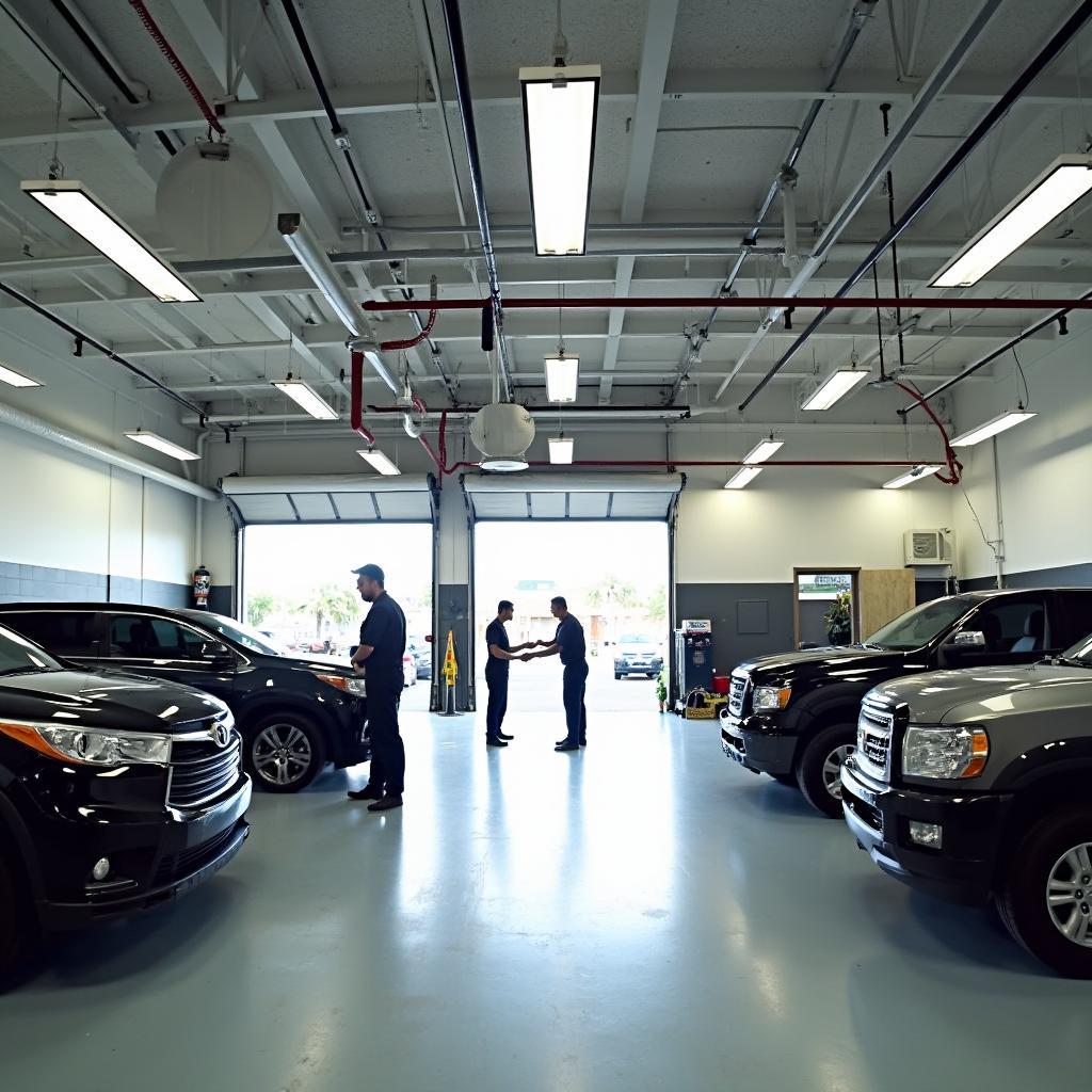 Modern auto service shop with technicians working