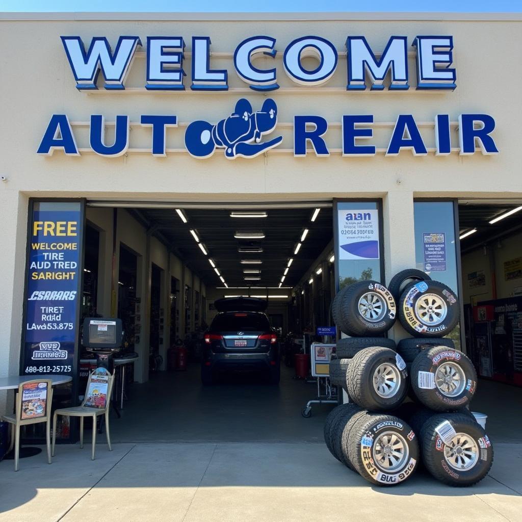 Modern auto repair shop exterior with aid tires displayed.