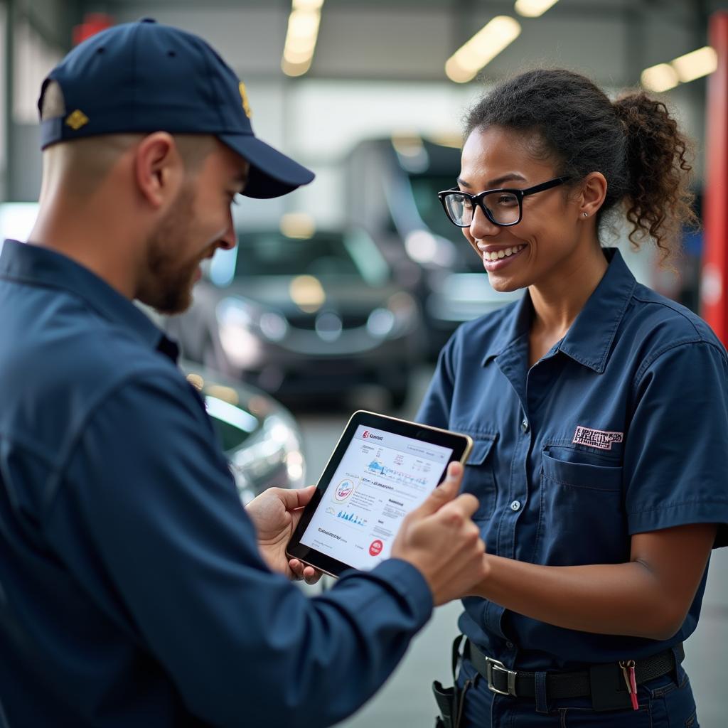 Aiea mechanic explaining car issue using a tablet