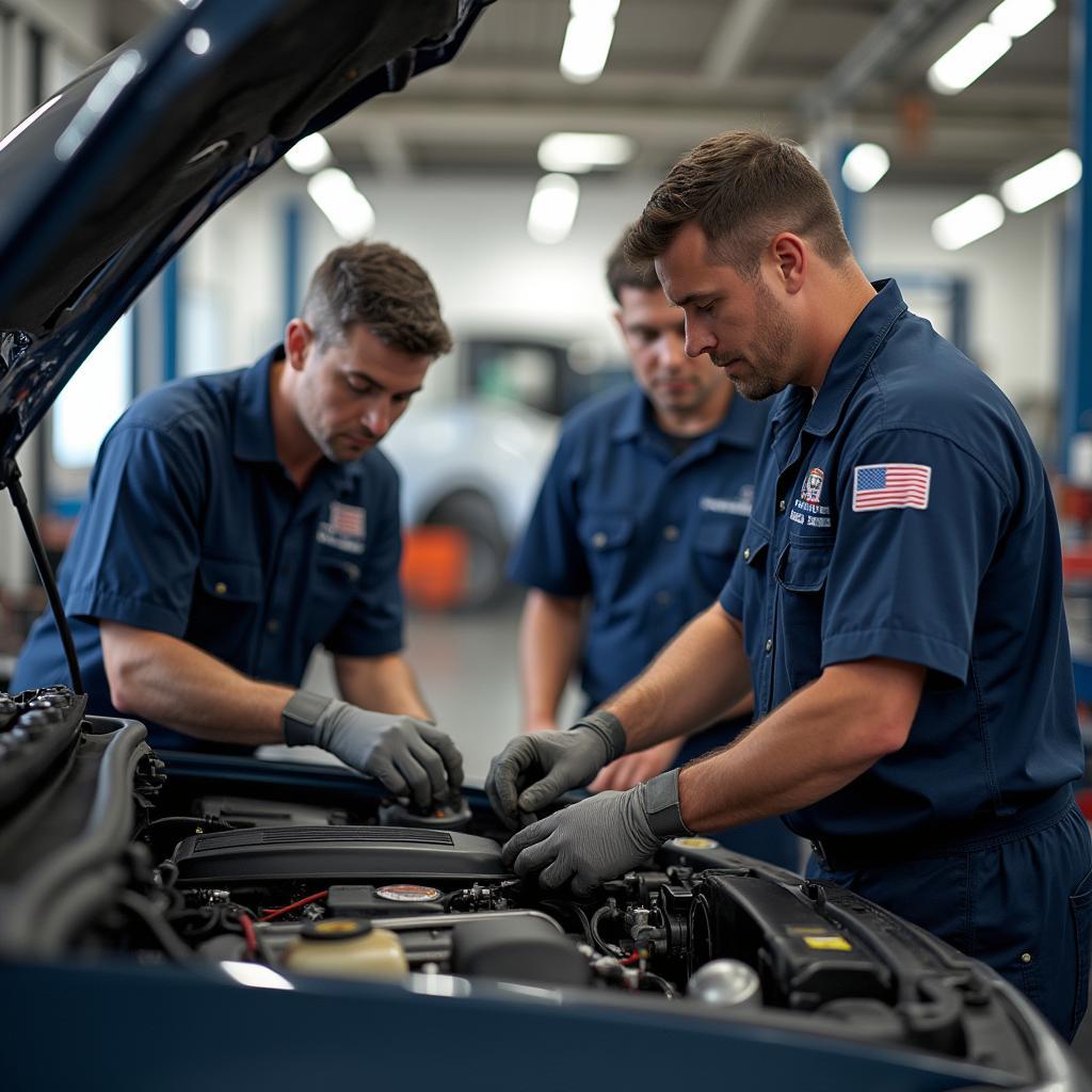 Experienced technicians working on a car engine