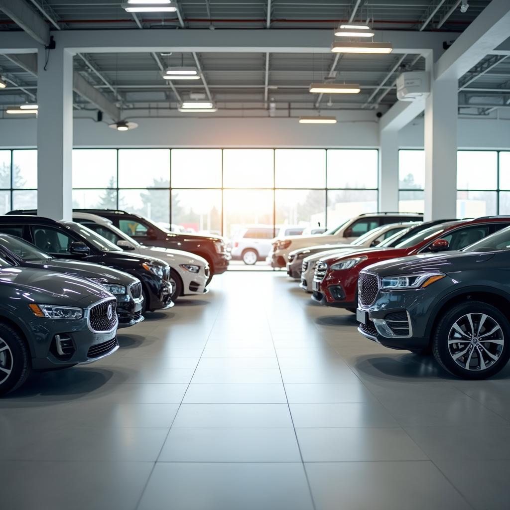 Modern car dealership showroom with a variety of vehicles.