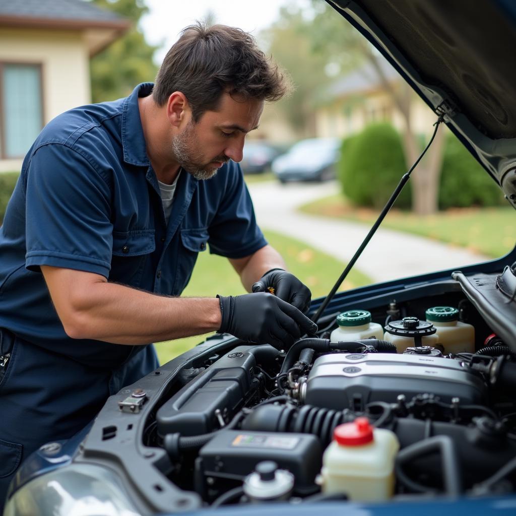 Mechanic Working on a Car's Engine in a Client's Driveway