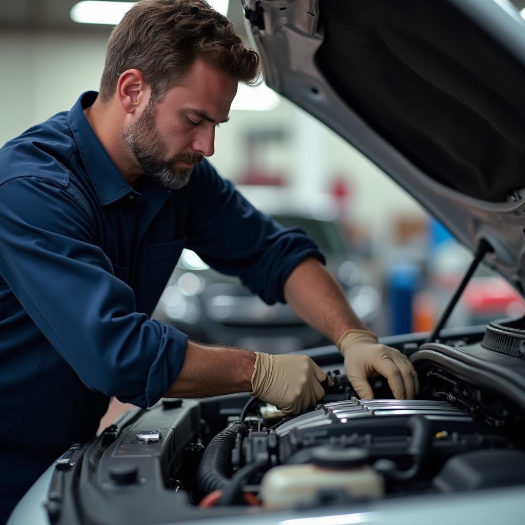 Skilled technicians working on a car engine in the Al Serra Auto Plaza service department.