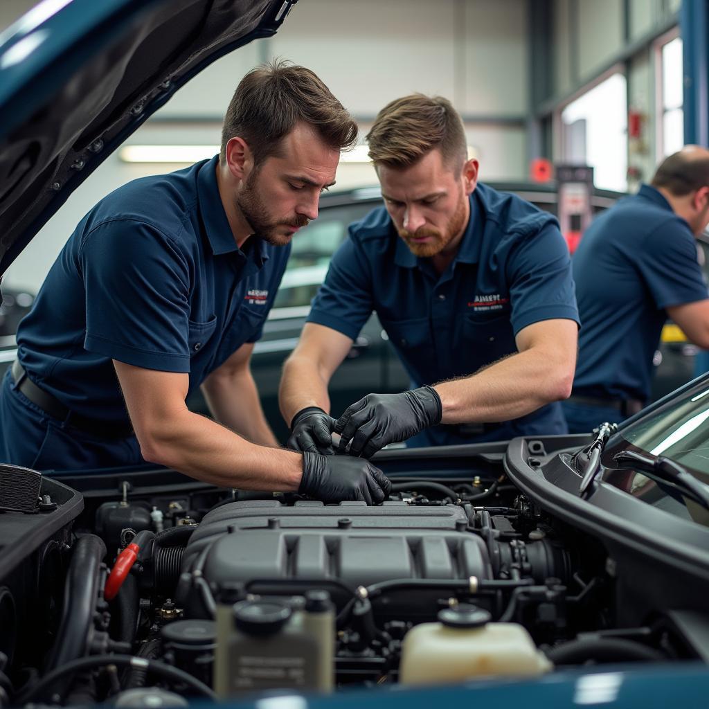 Expert mechanics working on a car