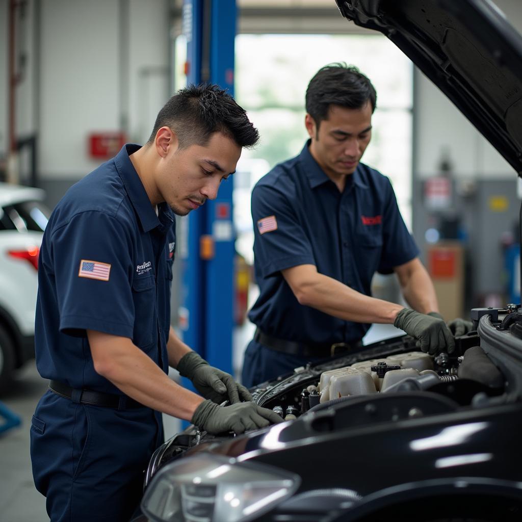 Certified technicians working on a car at Alberto Auto Service