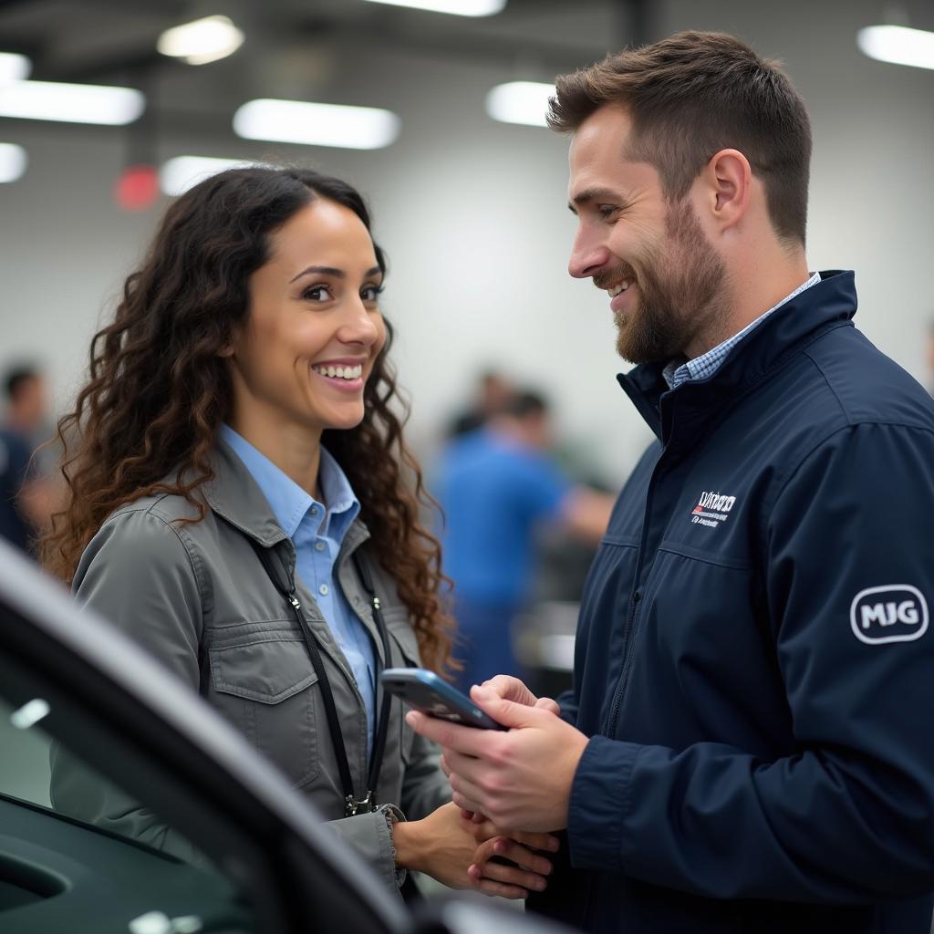 Friendly and professional service advisor assisting a customer at Albion Auto Service in Hamilton, ON