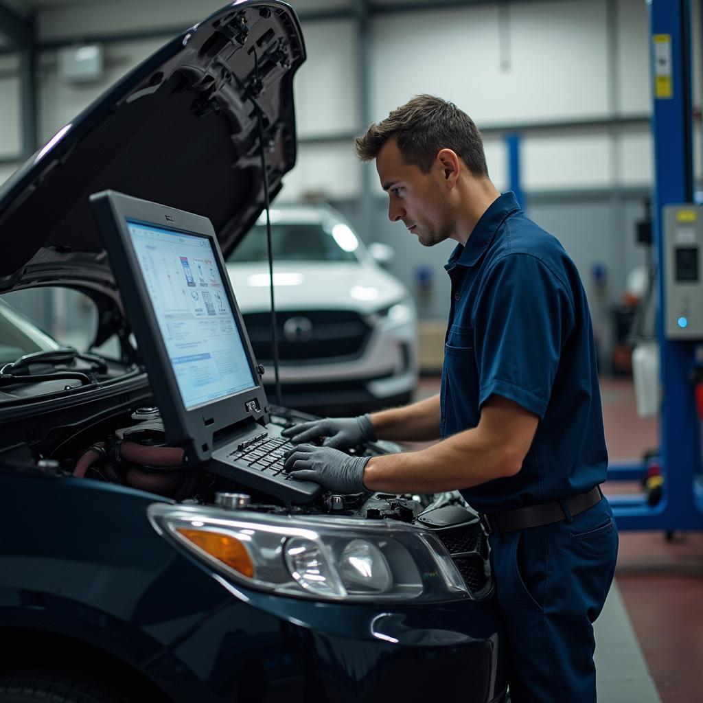 Skilled technician utilizing advanced diagnostic equipment on a vehicle at Albion Auto Service in Hamilton, ON