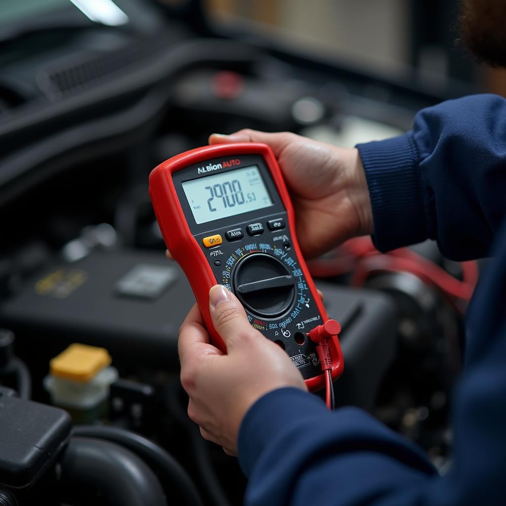 Technician Using Digital Multimeter for Precise Measurements