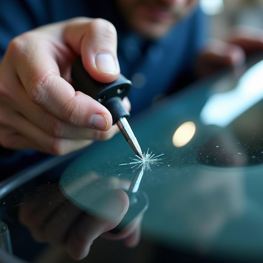 Albuquerque auto glass repair technician working on a windshield