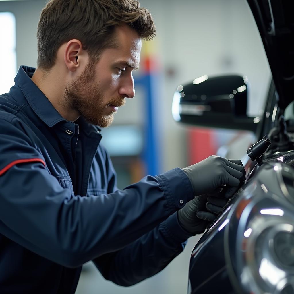 Skilled technician using diagnostic equipment on a car at Alexander Auto Service Whittier