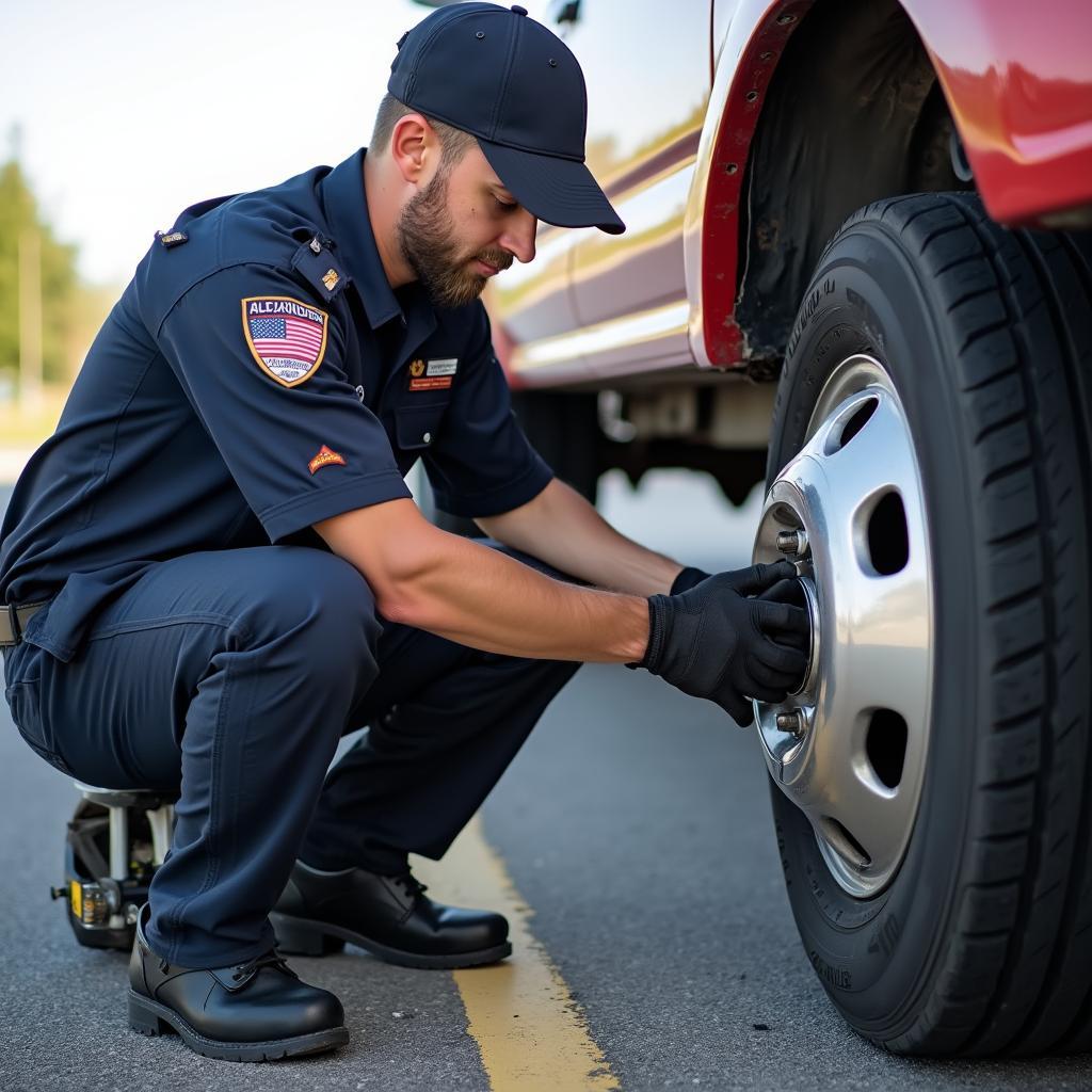 Tow truck technician changing a tire