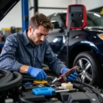 Technician performing all around auto service on a vehicle