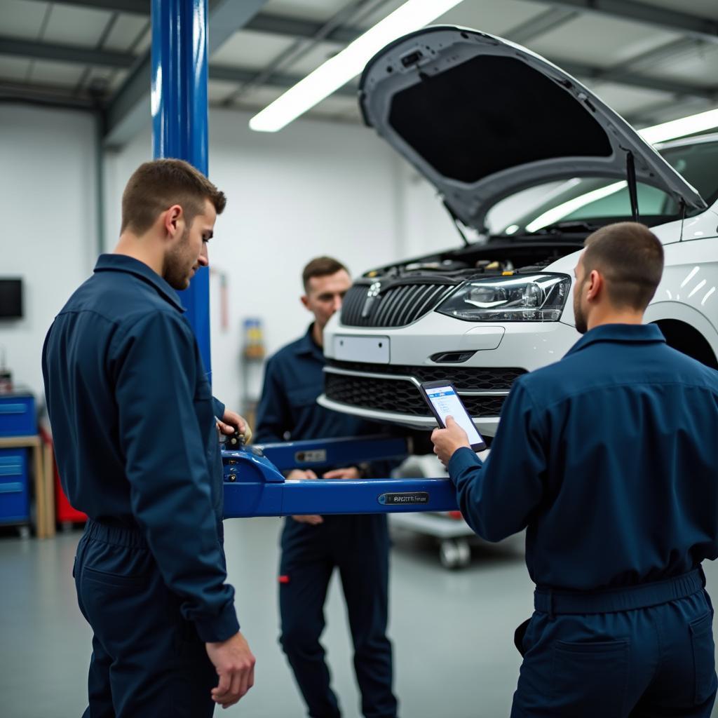 Modern auto repair garage with a car on a lift