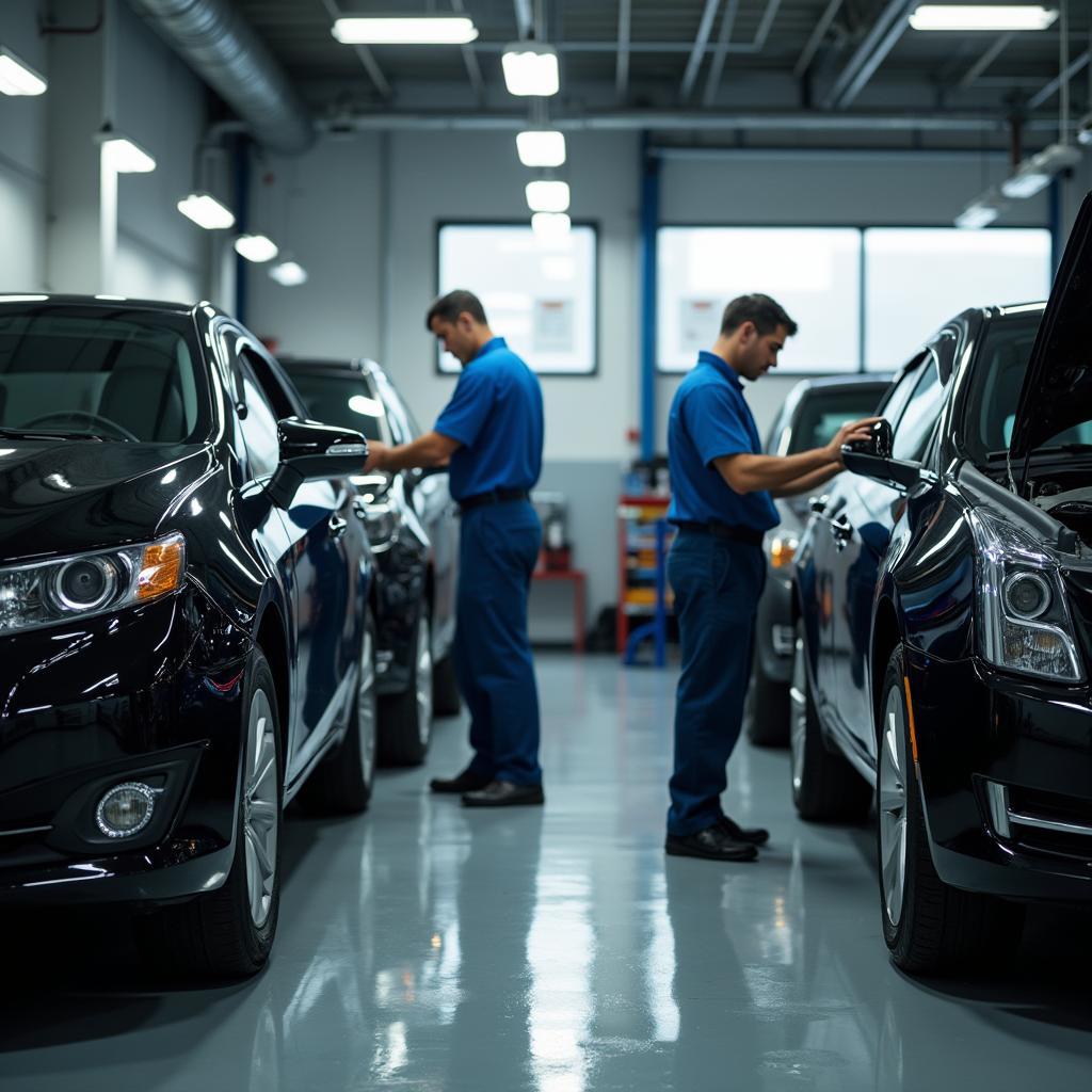 Modern auto service garage with mechanics working on vehicles