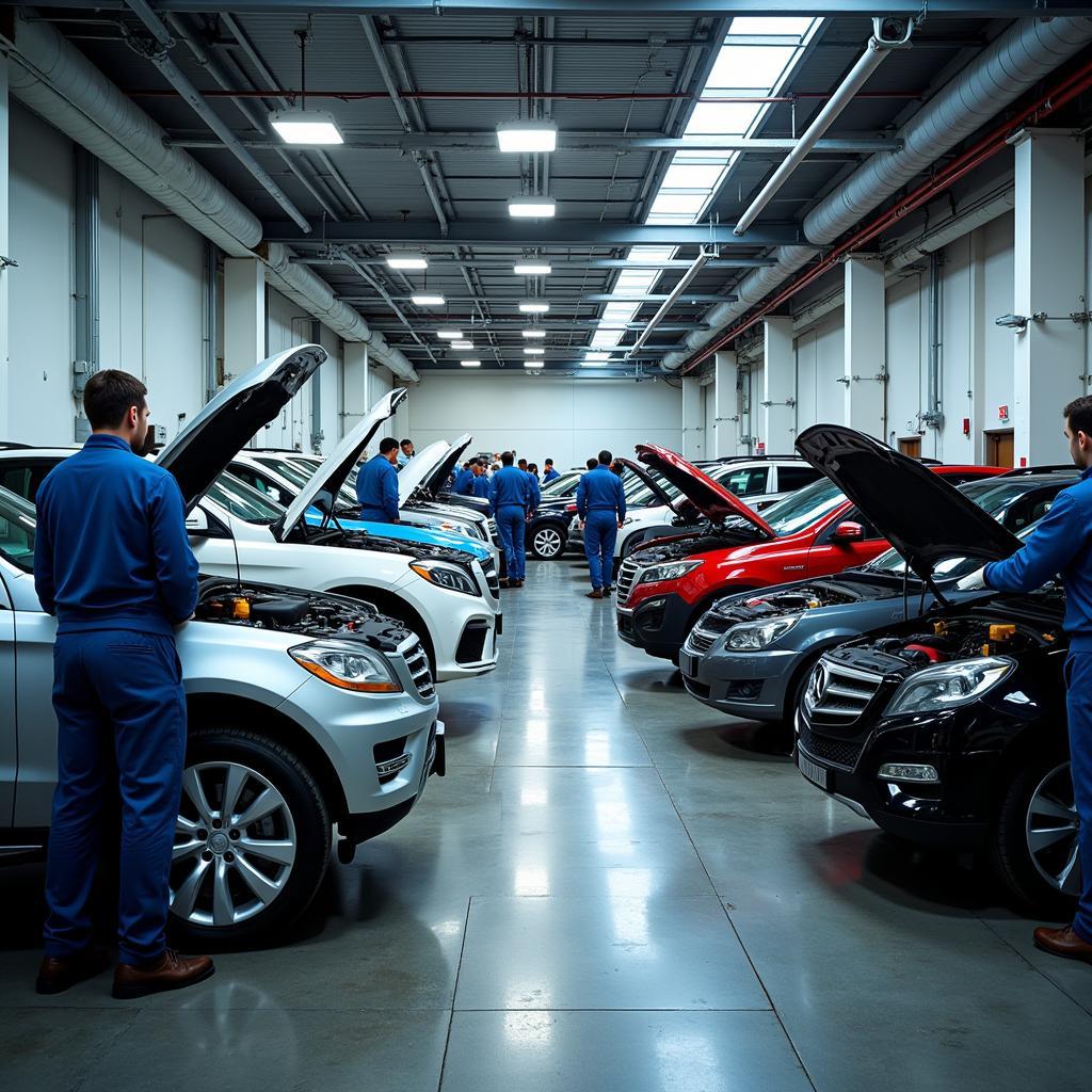 Mechanic working on a car in a busy auto service center