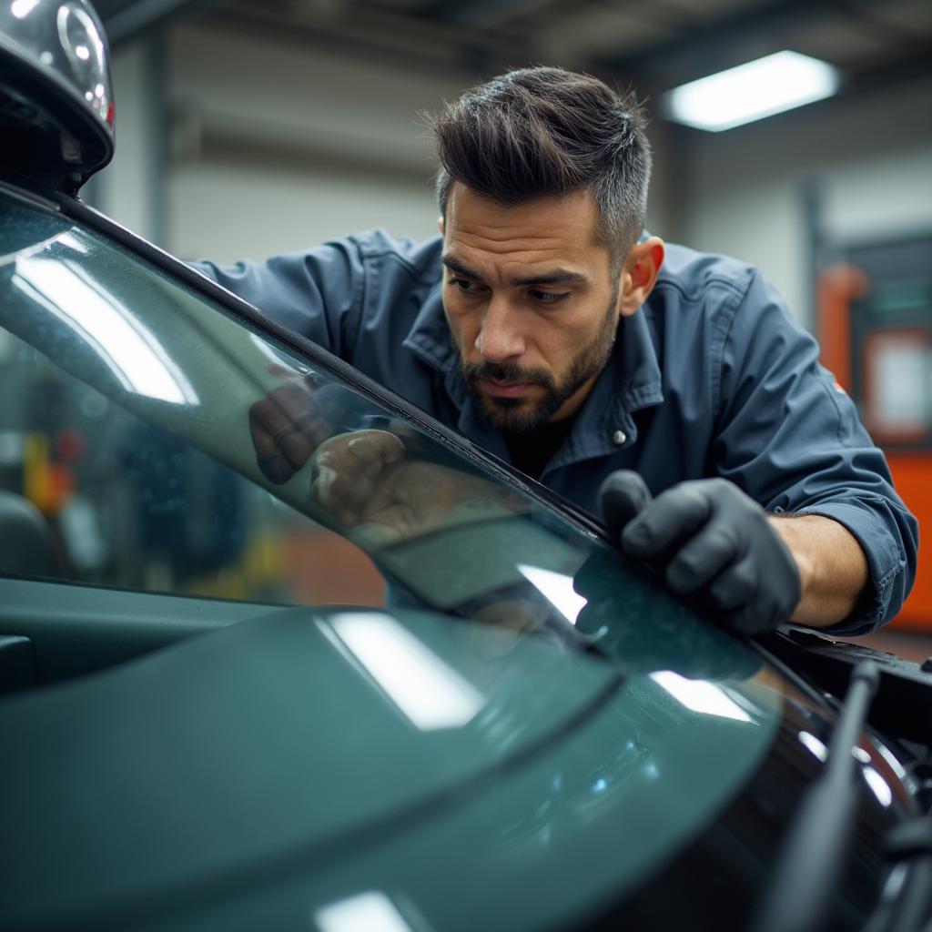 Expert Auto Glass Technician Inspecting Windshield for Damage