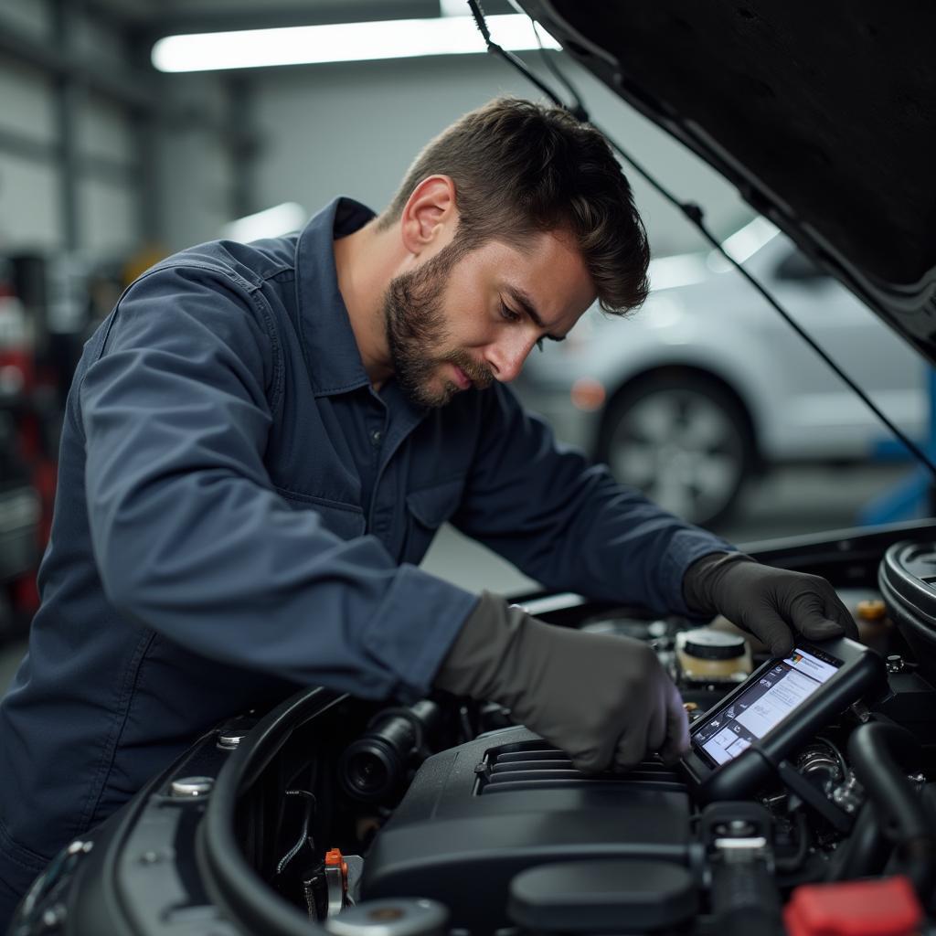 Mechanic inspecting a car engine in a professional auto repair shop