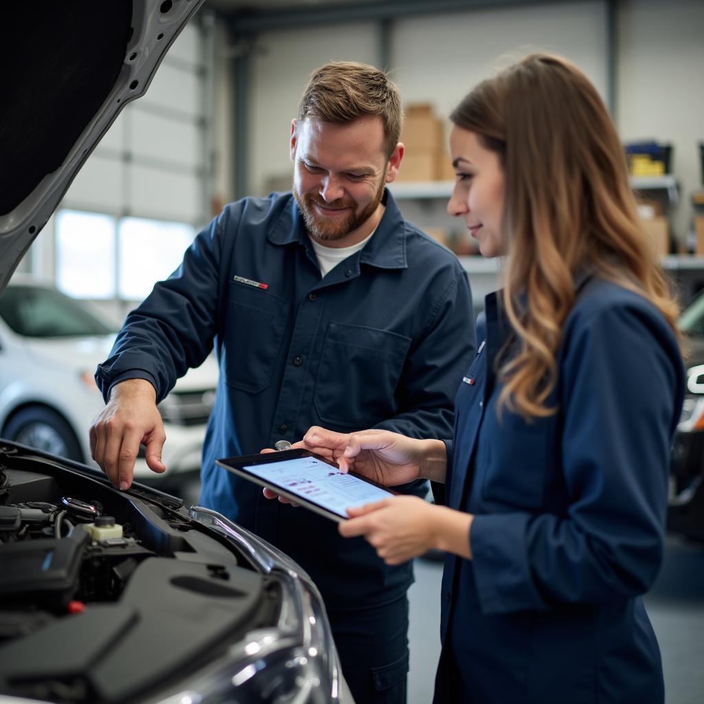 Mechanic explaining car repairs to a car owner using a diagram