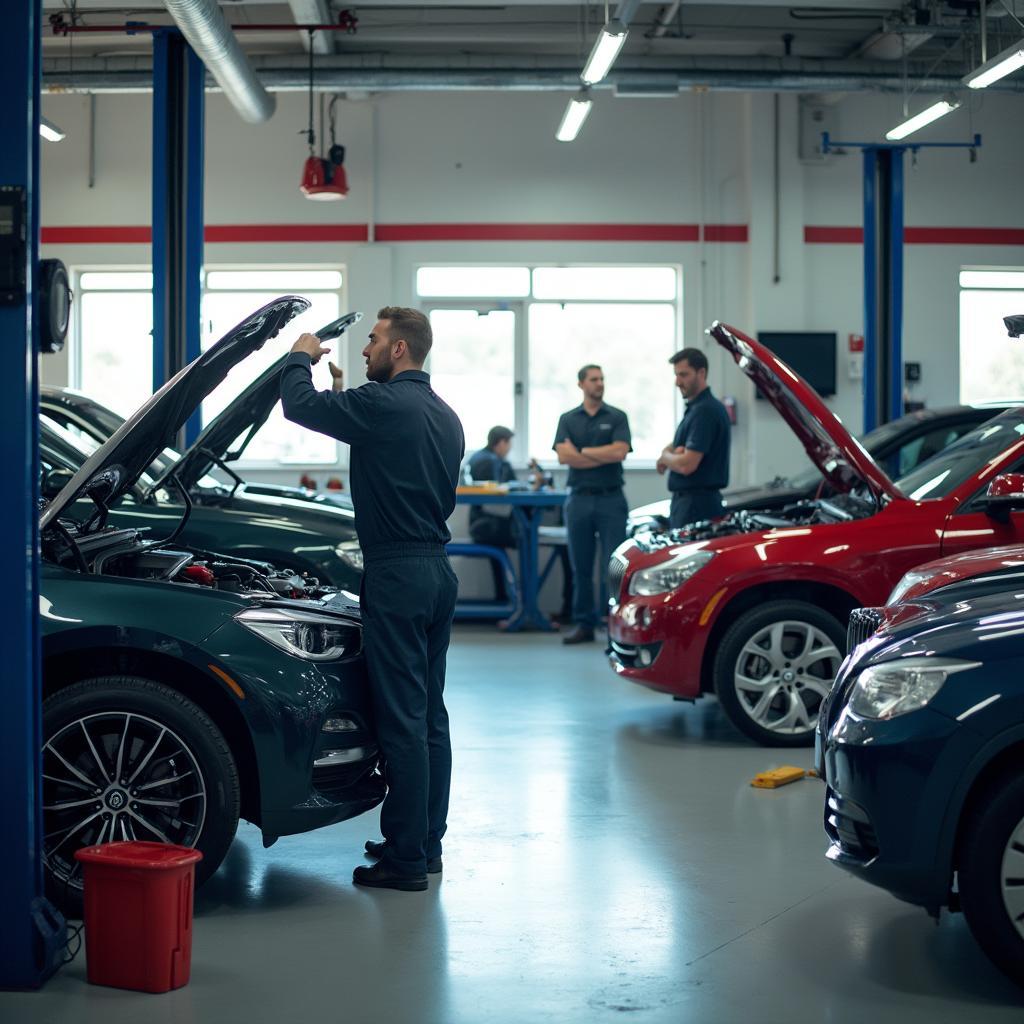 Modern auto repair shop with mechanics working