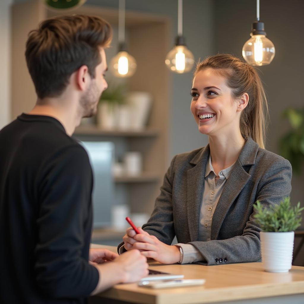 Friendly customer service representative assisting a client at the counter