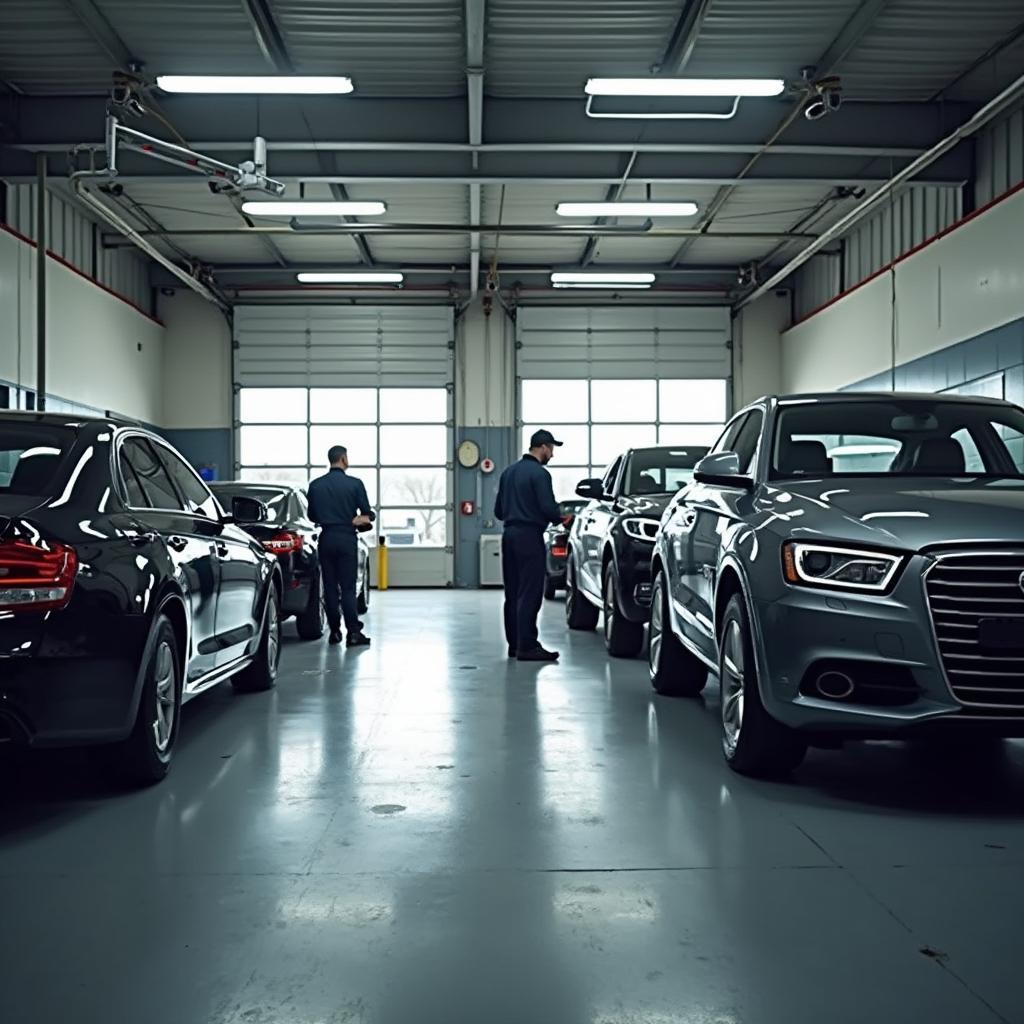 Modern auto repair garage with mechanics working on vehicles