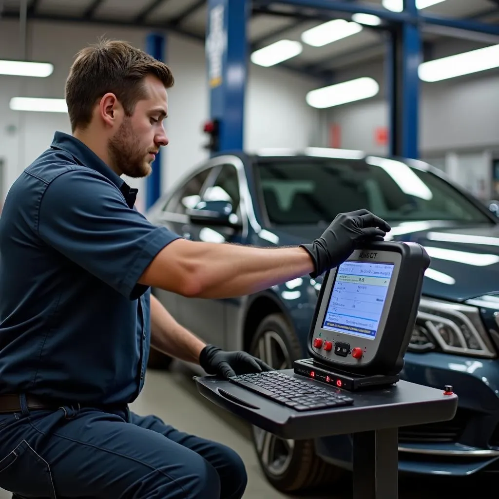 AM Auto Service technician performing diagnostics