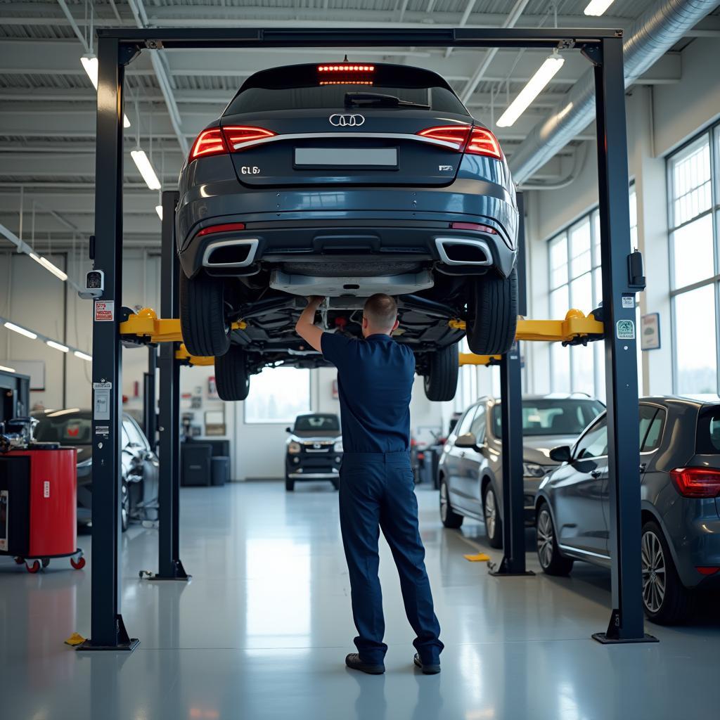 Modern auto service garage with a car on a lift