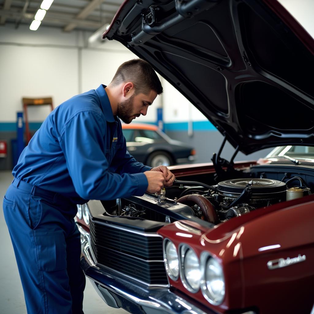 A classic American car being serviced by a professional mechanic